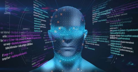 Futuristic digital humanoid projecting code and holographic interface in neon cyberspace