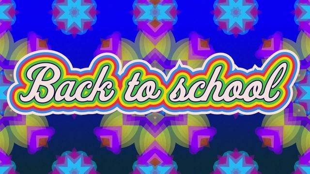 Retro-style 'Back to School' text over a vibrant blue background with patterned shapes decorates this graphic. Ideal for educational promotions, school event invitations, and social media content celebrating the return to school.