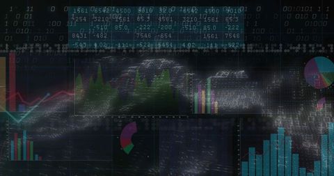 Holographic Finance Dashboard Displaying Glitchy Neon Data Streams, Binary Overlay