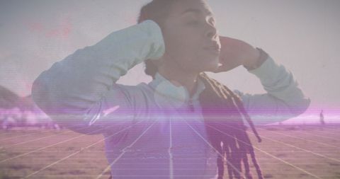 Fit woman embracing fitness tech fantasy