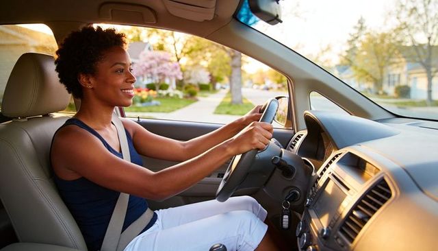 Woman driving suburban sedan at golden hour wearing seatbelt smiling in casual summer outfit