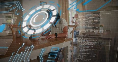 Mature man writing at wooden dining table with AR HUD and floating code overlays