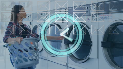 Digital Icons Overlaying Laundry Process Highlighting Time Management