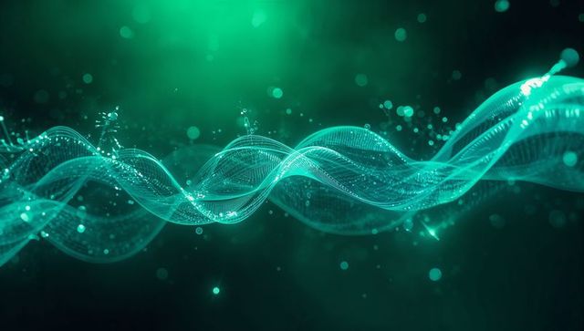 Glowing Teal Wave Mesh with Floating Particles and Sparkles