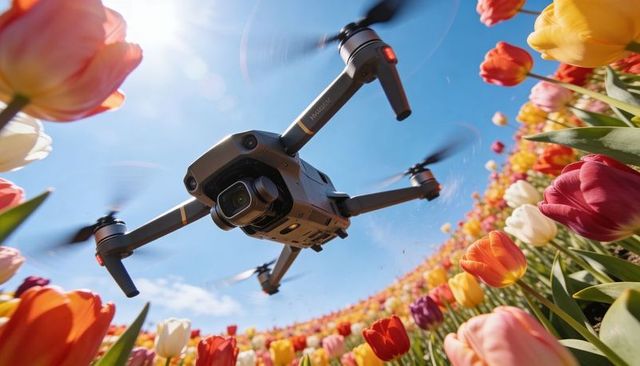 Drone flying low over colorful tulip field capturing gimbal footage, spinning propellers