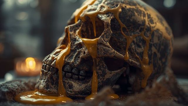 Ai-generated skull covered in draping wax with ambient candle