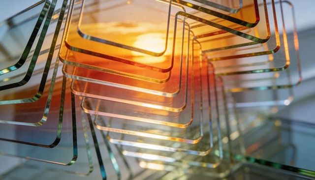 Layered Glass Spiral Sculpture Refracting Warm Light into Geometric Abstract Patterns