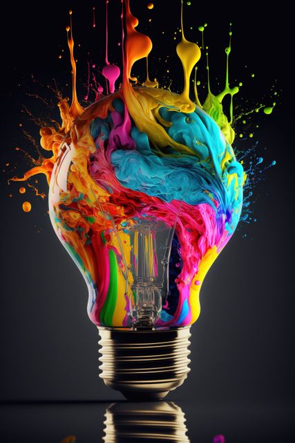 Image of lightbulb with colourful stains on black background, created using generative ai technology. Lightbulb, creative and pattern concept, digitally generated image.