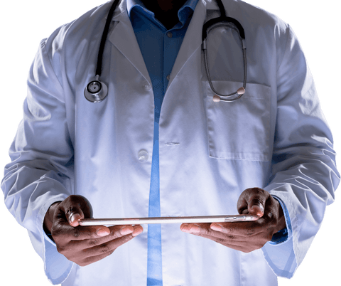 Transparent Midsection of Doctor Holding Tablet with Stethoscope