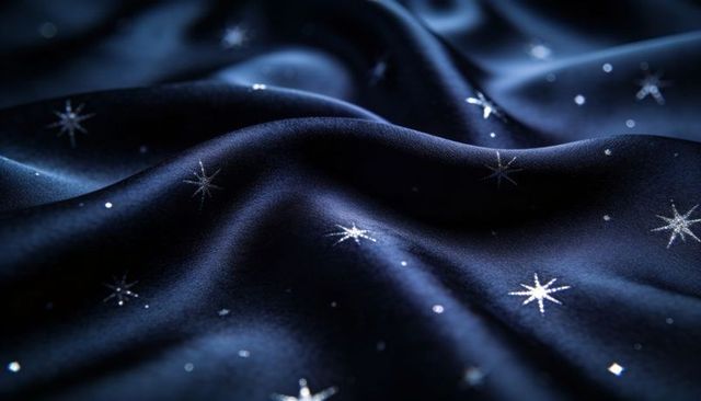 Luxe navy satin draping with silver foil stars and sparkling ripple texture for elegant design