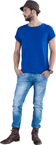 Casual Man in Blue Shirt and Jeans on Transparent Background