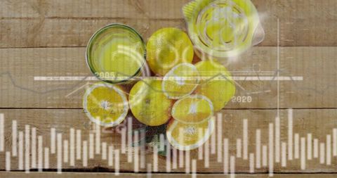 Fresh lemons and citrus juice on wooden plank with finance data overlay, top-down market concept