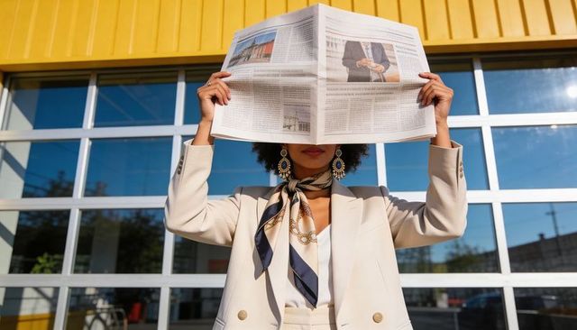 Chic woman holding broadsheet over face wearing blazer and silk scarf at yellow storefront