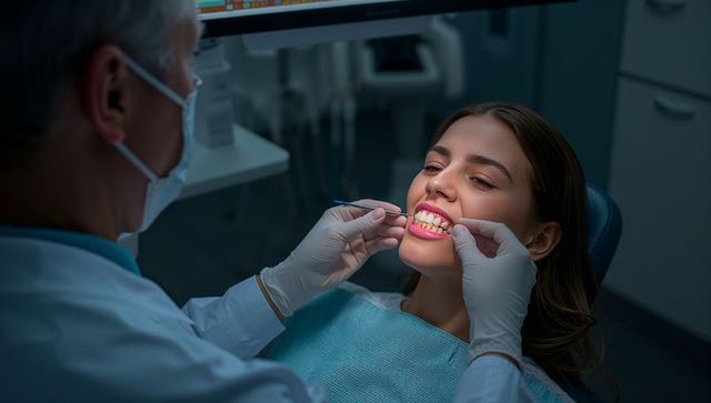 Dentist performing dental checkup on smiling patient in modern clinic with gloves and mask