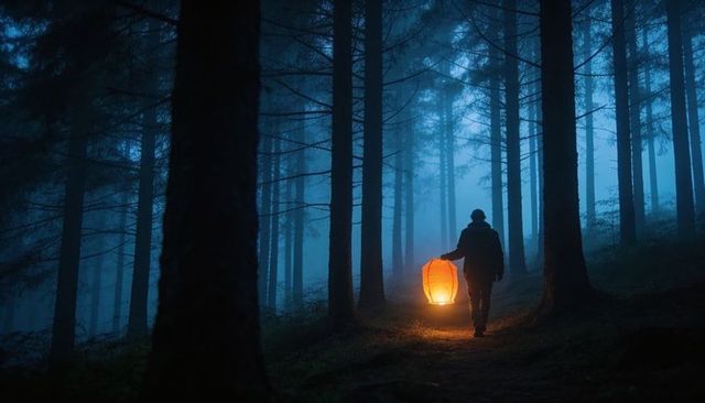 Solitary hiker walking through misty conifer forest holding glowing orange lantern