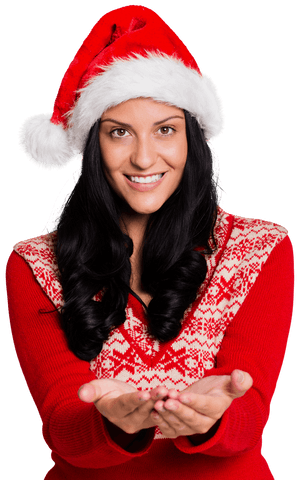 image shows woman smiling warmly, wearing festive red sweater and santa hat, arms extended, palms facing up. ideal for holiday promotions, christmas invitations, gift or charity campaigns, enhancing digital festive designs.