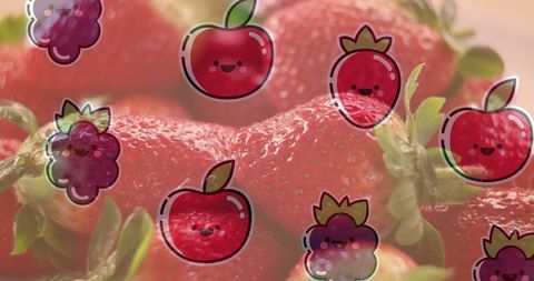 Cute Fruit Illustrations Over Fresh Strawberries Background