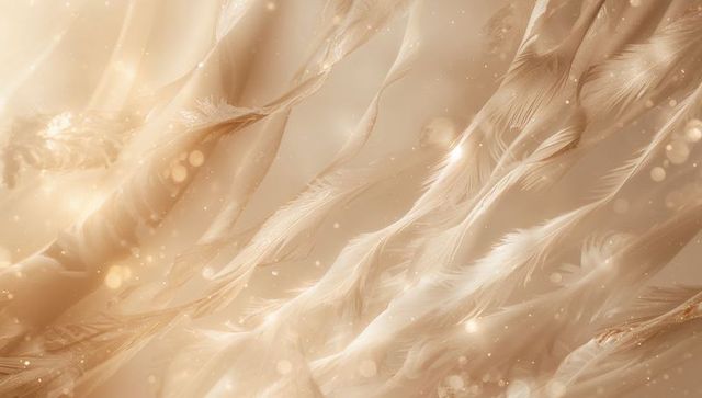 Drifting pale beige feathers flowing diagonally with soft bokeh sparkles and ethereal glow
