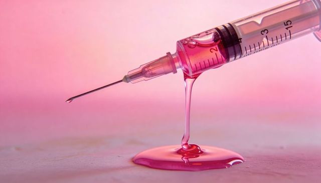 Syringe dripping viscous pink liquid forming glossy puddle