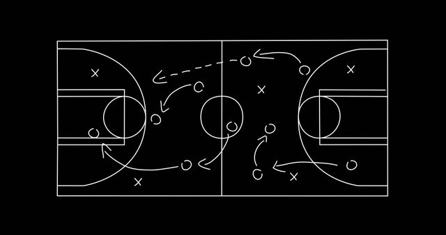 Digital illustration of a basketball court on a blackboard showing strategy and player movements, ideal for use in educational materials, sports coaching, or game analysis presentations. Can be used by coaches preparing game strategies or by educators in digital resources.