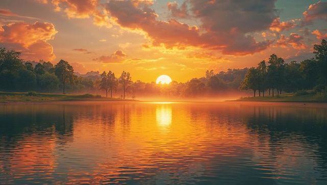 Golden Sunset Reflection Over Serene Misty Lake