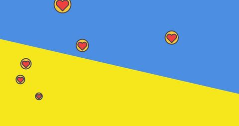Heart Icons Over Slanted Ukrainian Flag on Blue and Yellow Background
