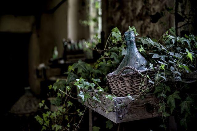Vintage bottle placed in a woven wicker basket, encircled by overgrown ivy and situated inside an abandoned building. Suitable for themes highlighting the beauty of decay, nature reclaiming urban spaces, or invoking a feeling of nostalgia or rustic charm. Perfect picture for projects on urban exploration, environmental studies, and artistic exhibitions.