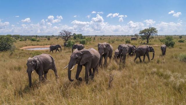 Herd of african elephants moving across golden savanna with calves near waterhole