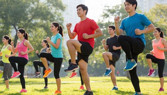 Outdoor group fitness training doing high-knee drills on sunny urban park lawn for cardio