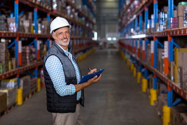 Happy manager holding a clipboard and posing during work in a warehouse