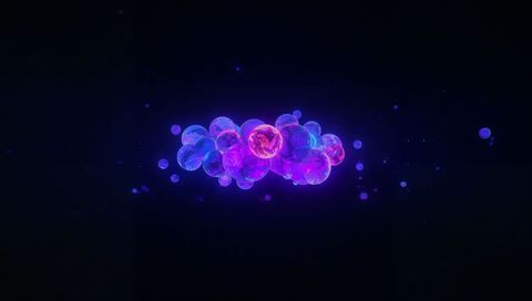 Floating neon orb cluster featuring textured core and luminous magenta-cyan glow