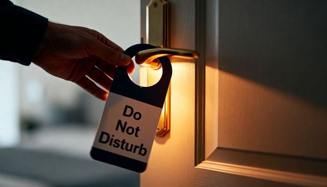 Placing do not disturb hanger on hotel door lever with warm interior light and privacy