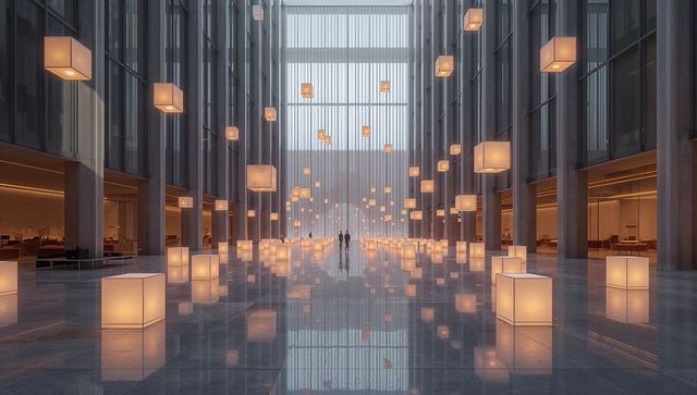 Minimalist Atrium with Floating Cube Lights on Reflective Marble Floor, Two Figures