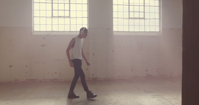 Young Man Walking Indoors Listening to Music - Download Free Stock Images Pikwizard.com