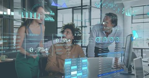 Team collaborating over augmented reality data overlays and interactive analytics dashboard