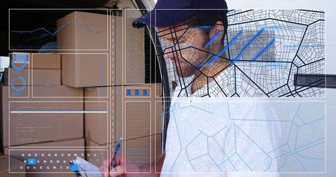Delivery driver scanning parcels in cargo van with digital map overlay and logistics data