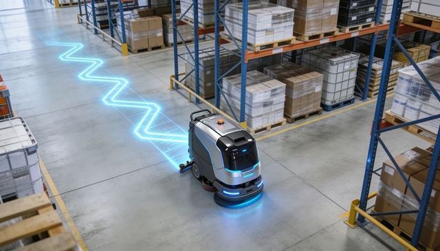 Autonomous floor-scrubber navigating warehouse aisle with neon blue guidance path