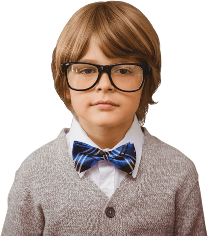 Stylish young boy with glasses and bow tie on transparent background