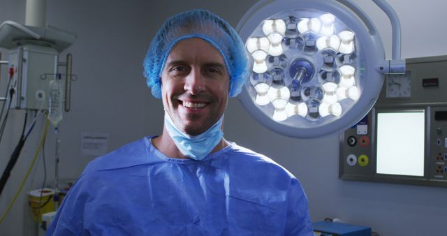 Surgeon smiling confidently in operating room, standing under surgical light, wearing blue scrubs and hair cover. Perfect for use in healthcare marketing, medical websites, and educational materials showcasing the medical profession's positivity and confidence.