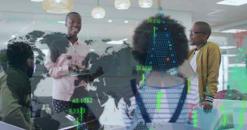 Dynamic Team Collaborating with Digital Analytics Overlay in Office