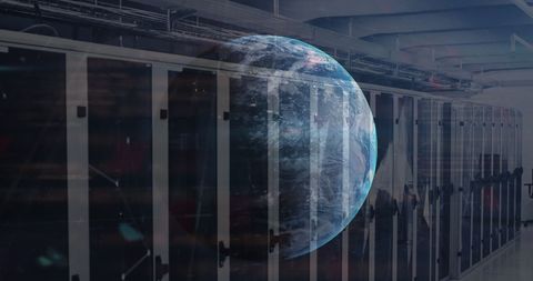 Digital Globe Overlay on Modern Server Room with Data Networks - Download Free Stock Images Pikwizard.com