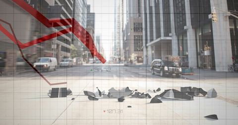 Financial crisis concept with falling dollar symbol on busy city street
