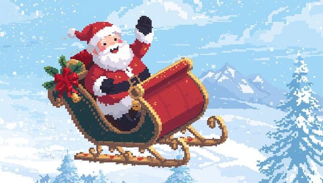 Pixel art santa waving from flying sleigh over snowy mountains retro 8-bit holiday scene