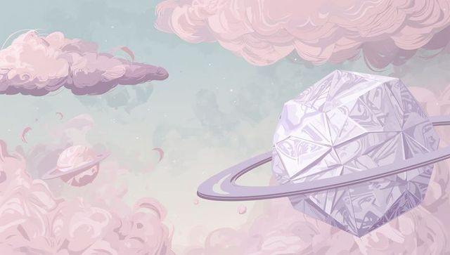 Whimsical polyhedral planet amid swirling pink clouds in fantasy cosmos