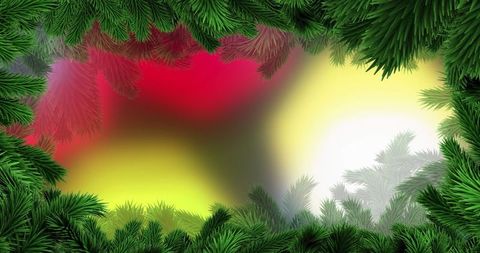 Green pine branch frame around vibrant gradient background