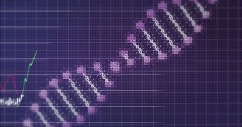 Futuristic pixel art dna helix on digital grid background