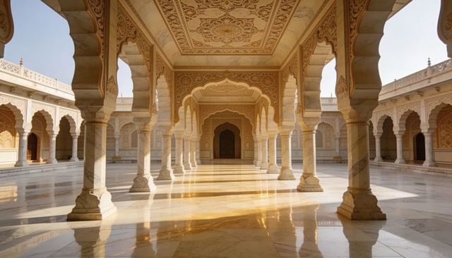 Sunlit marble colonnade with ornate arches and reflections leading to dark portal