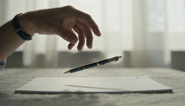 Levitating Spinning Black Gold Pen Above Spiral Notebook with Hand and Watch