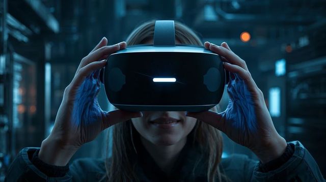 Woman adjusting vr headset in server room, neon blue tech lab, immersive cyber experience