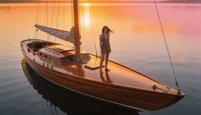 Barefoot woman standing and gazing on polished wooden sailboat deck during golden hour